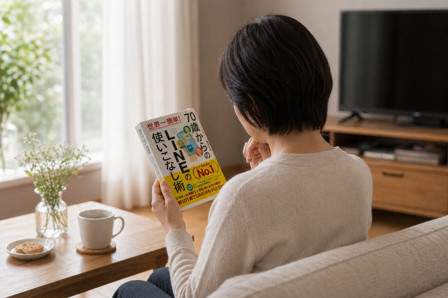 家で本を読む女性