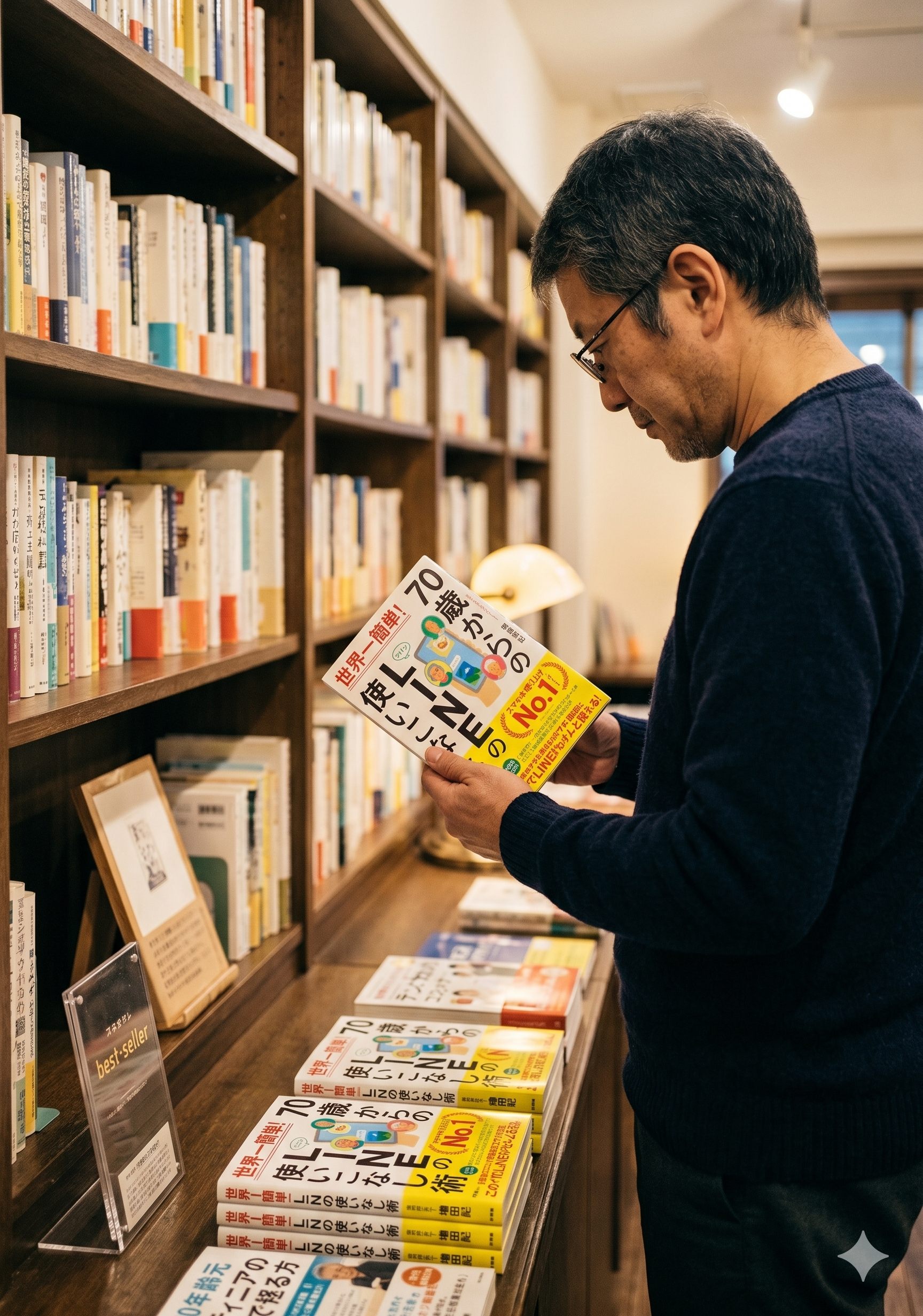 図書館で本を読む男性