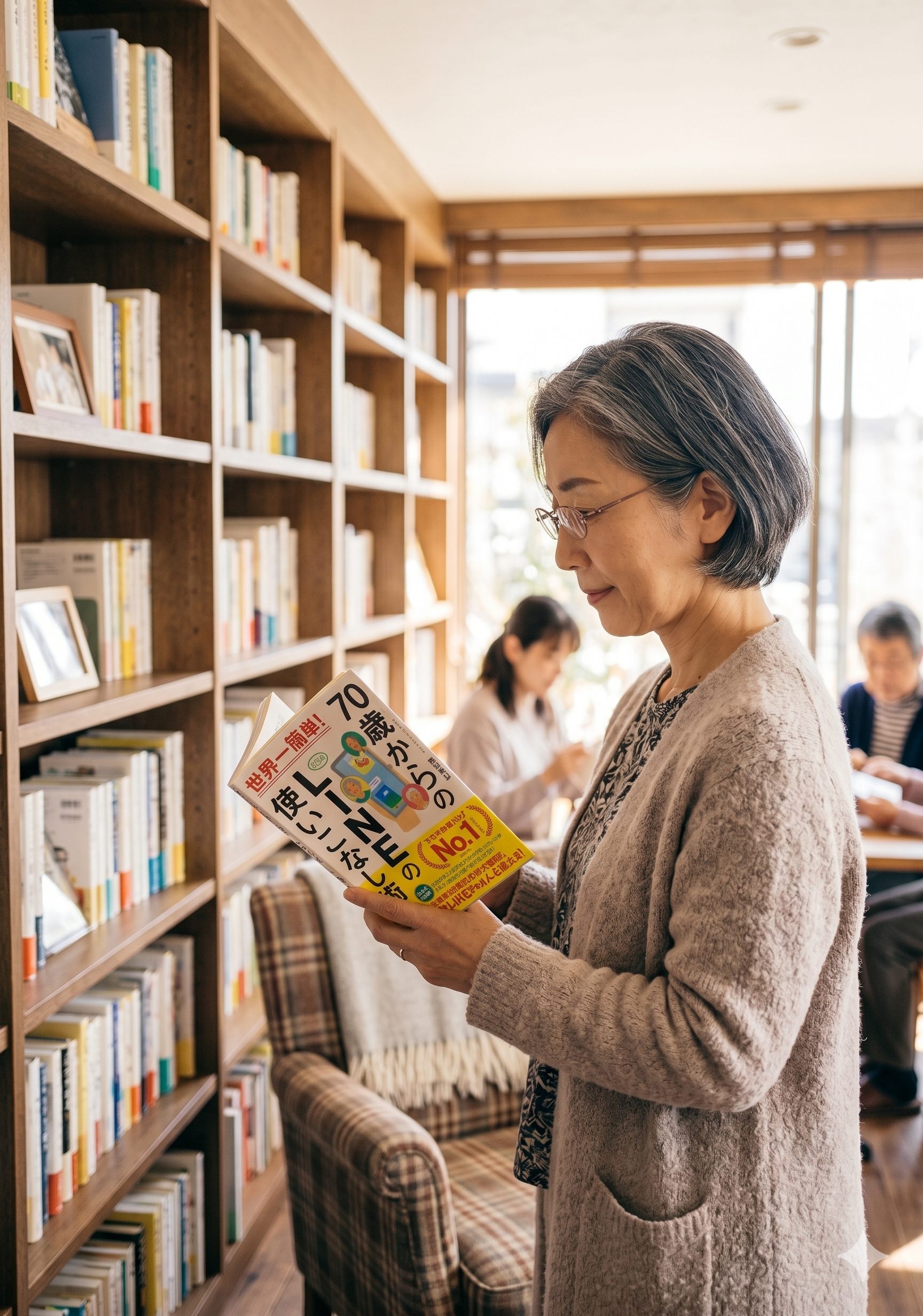 図書館で本を読む女性